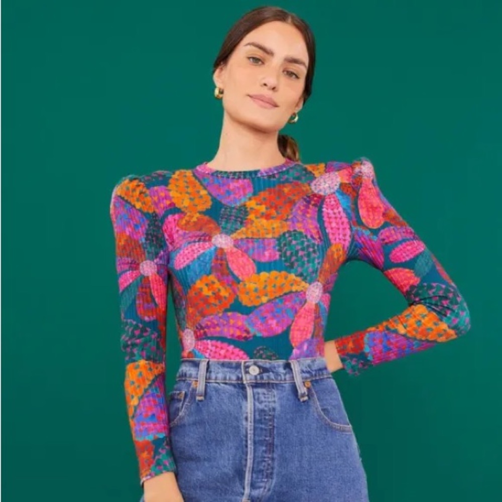 Farm Rio Heart Daisy Teal Bodysuit Women's Small Fall Floral